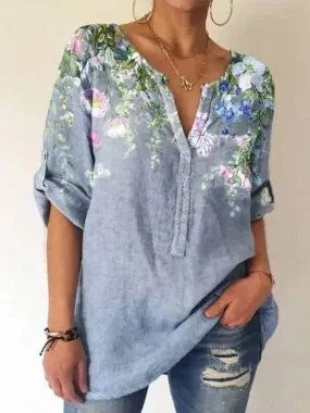 Loose printed V-neck long-sleeved shirt